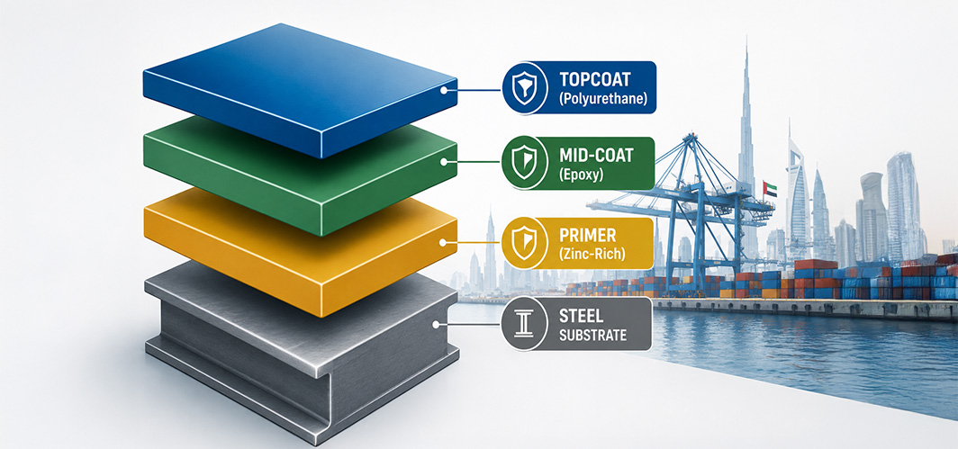 Coating system for steel in marine environments with polyurethane, epoxy, and zinc-rich primer layers.