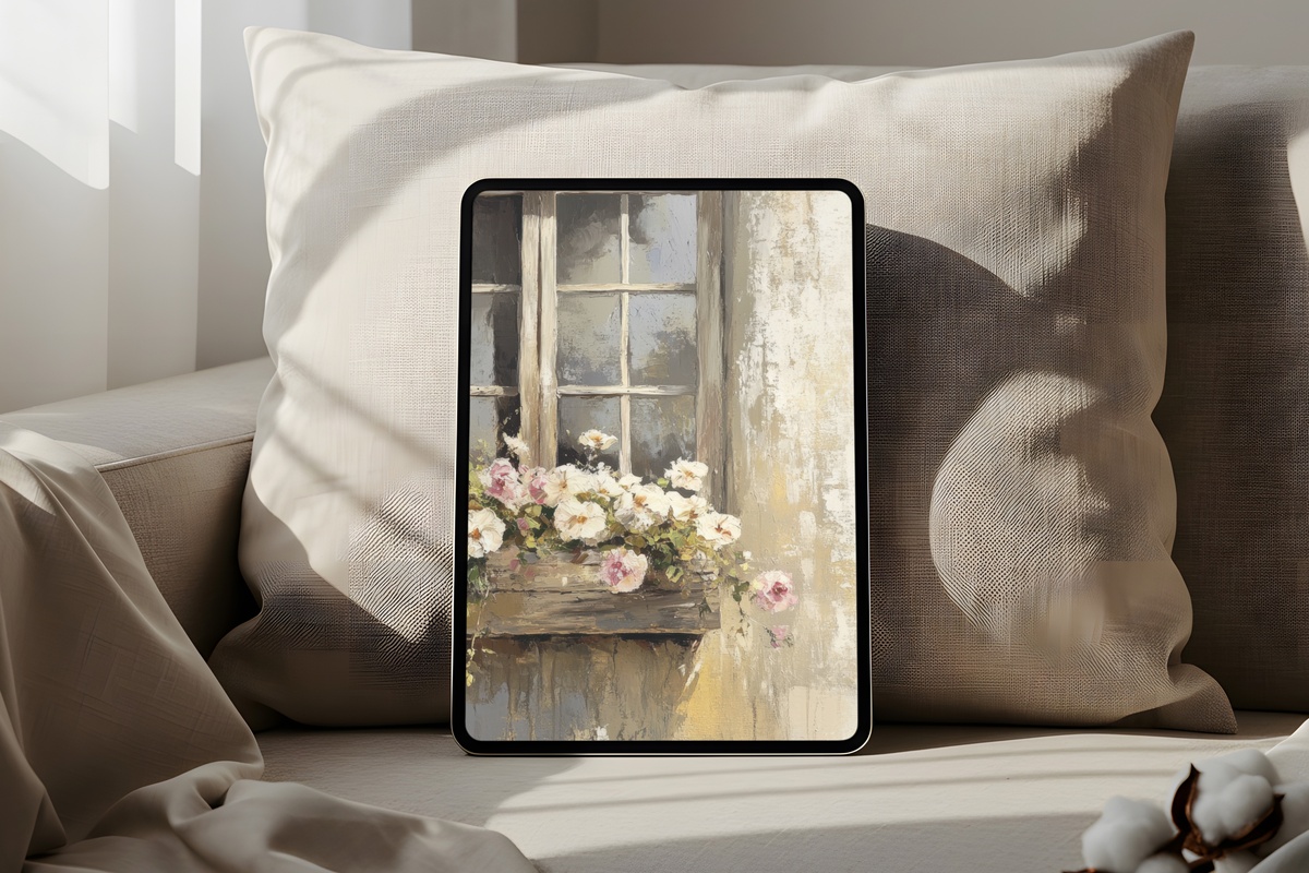Blooming Farmhouse Window View farmhouse iPad wallpaper in soft rustic tones