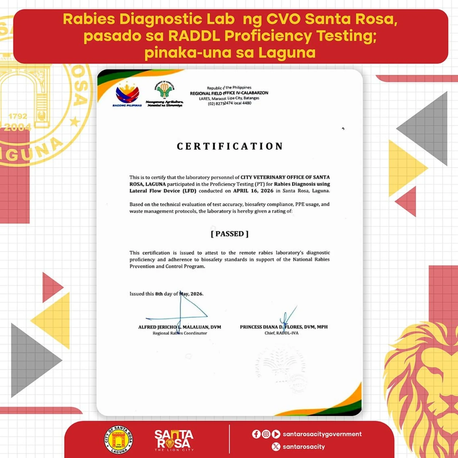Rabies Diagnostic Lab ng CVO Santa Rosa, pasado sa RADDL Proficiency Testing; pinaka-una sa Laguna