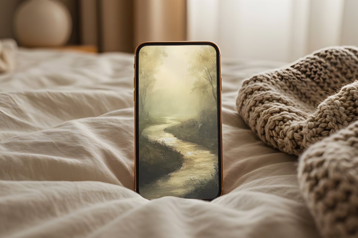 Tranquil River's Edge Repose Vintage iPhone Wallpaper with earthy riverbank tones