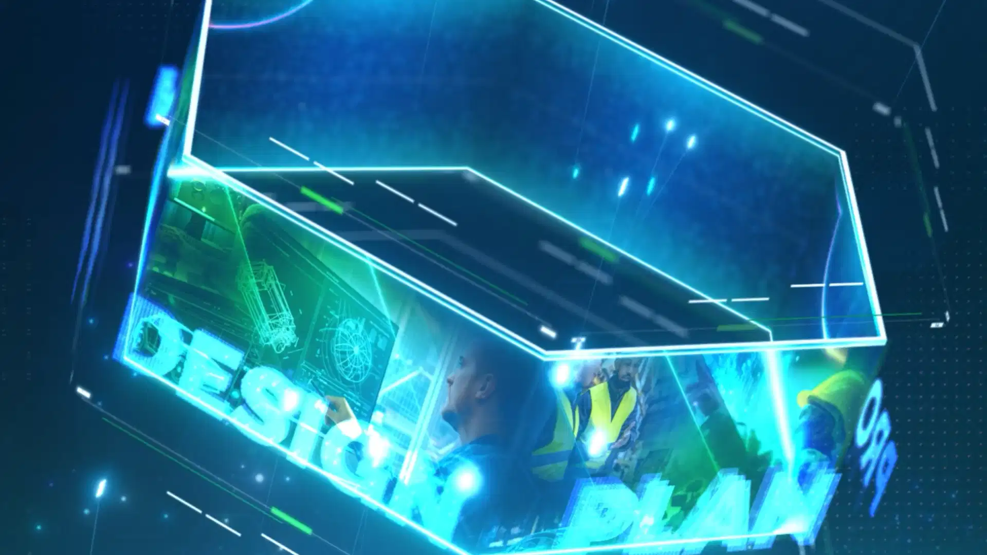 3D animated glowing hexagonal display case featuring design and plan workflow labels with neon blue and green lighting representing a digital product lifecycle platform
