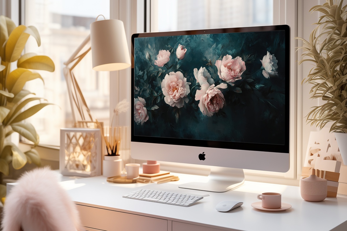 Blush Florals in Dramatic Shadows Desktop Wallpaper