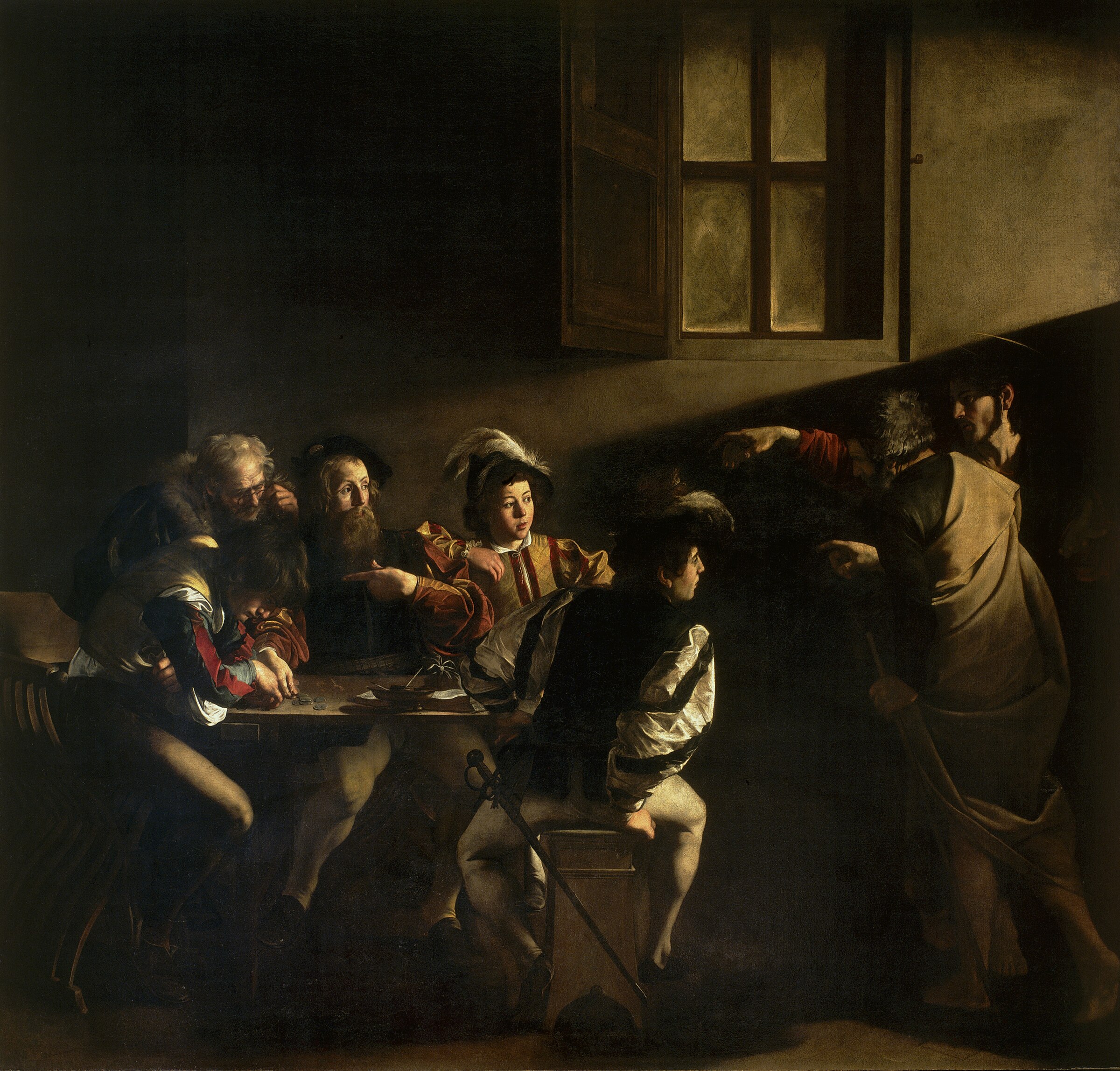 Caravaggio, The Calling of Saint Matthew, 1599-1600. Oil on canvas. Contarelli Chapel, San Luigi dei Francesi, Rome.