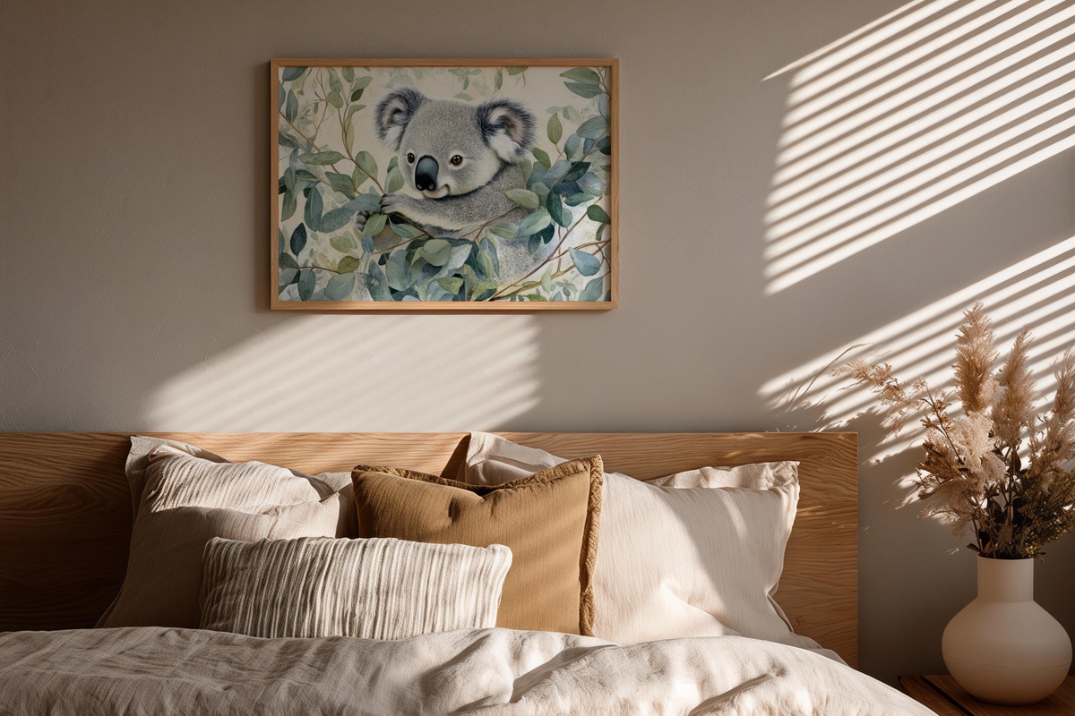 Eucalyptus Dreaming Koala Nursery Printable Wall Art with baby koala among branches