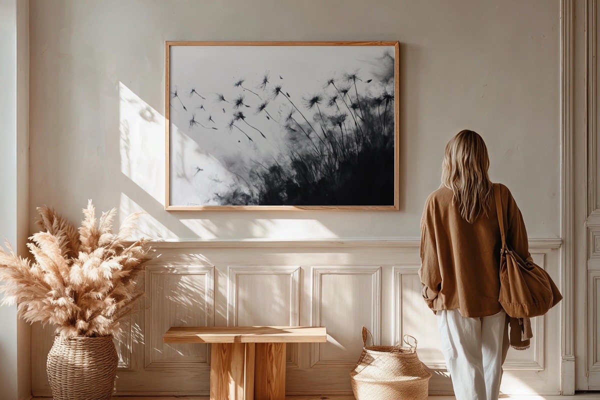 Dandelion's Skyward Journey Black and White Printable Wall Art