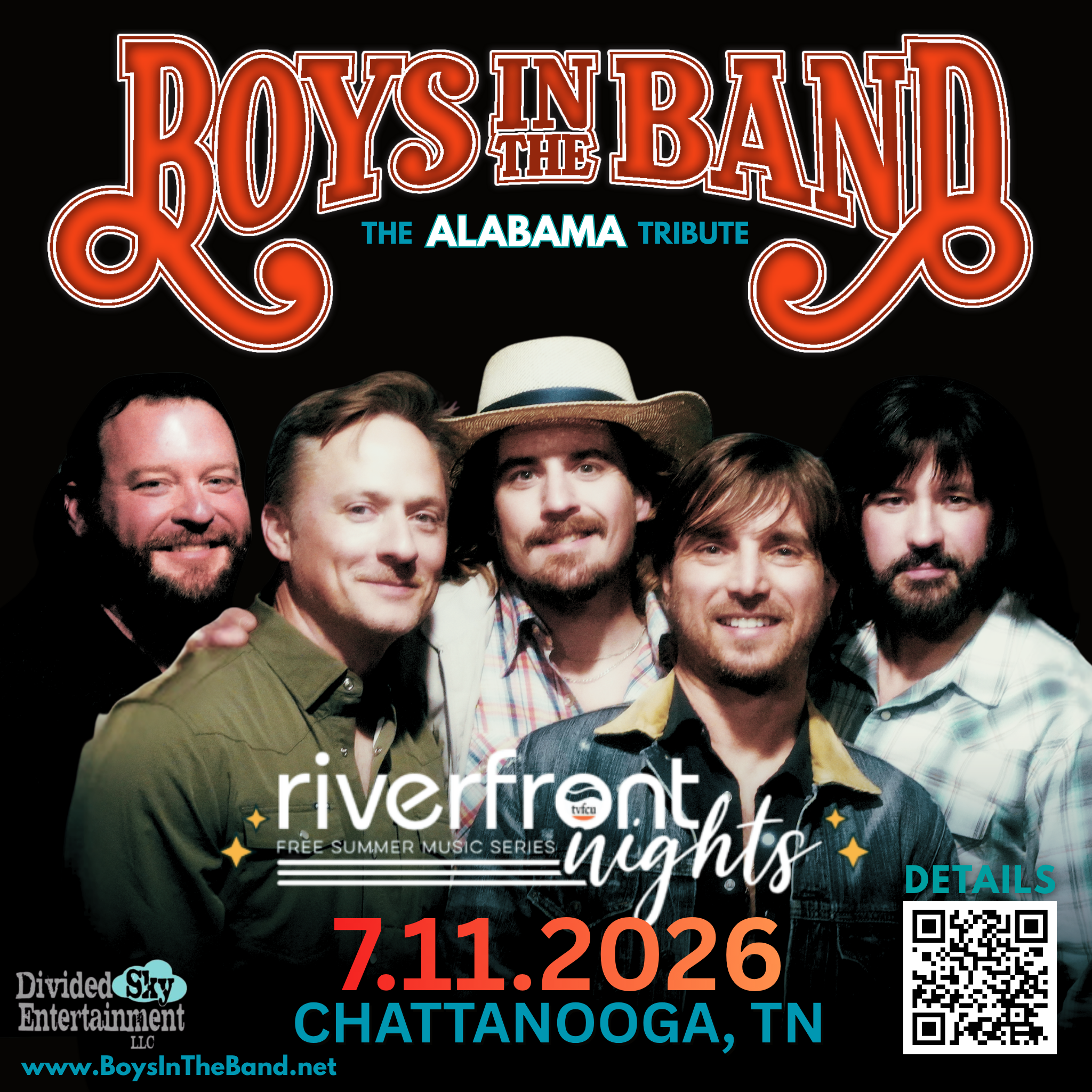 The Tennessee River becomes the backdrop for one of the South's greatest tribute experiences. Boys in the Band brings the timeless sound of Alabama to Riverfront Nights at Ross's Landing in Chattanooga, delivering a full evening of hits under the summer sky. Gather your crew for an unforgettable night on the waterfront.