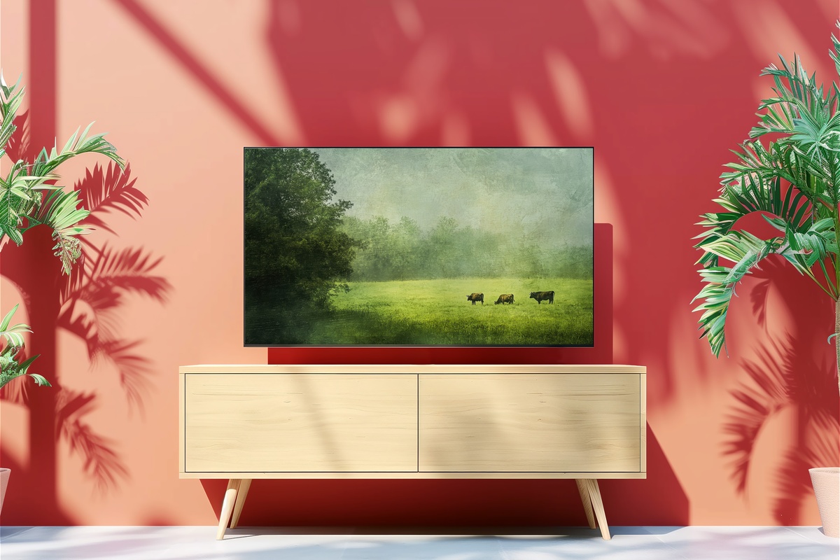 Tranquil Pasture with Grazing Cows Farmhouse Frame TV Art