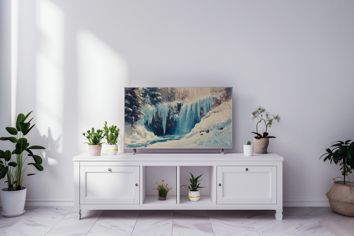 Frozen Cascade's Silent Elegance Frame TV Art - frozen winter waterfall crystalline