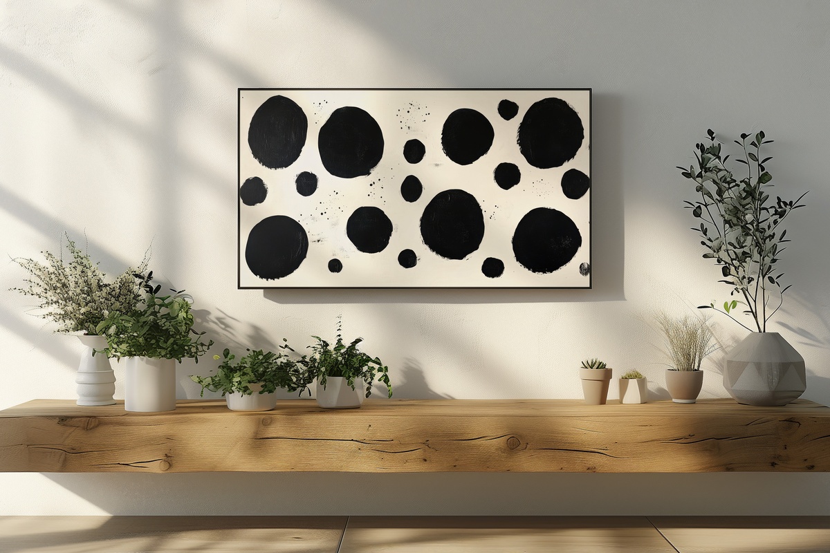Minimalist Dot Composition Frame TV Art with black dots arranged in deliberate geometric pattern