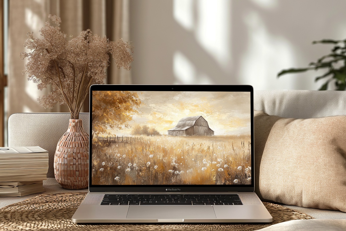 Sunlit Meadow Barn Serenity Farmhouse Desktop Wallpaper