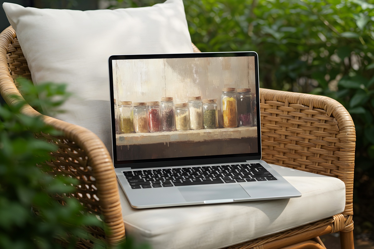 Serene Pantry Spice Harmony farmhouse desktop wallpaper — farmhouse pantry with arranged spice jars