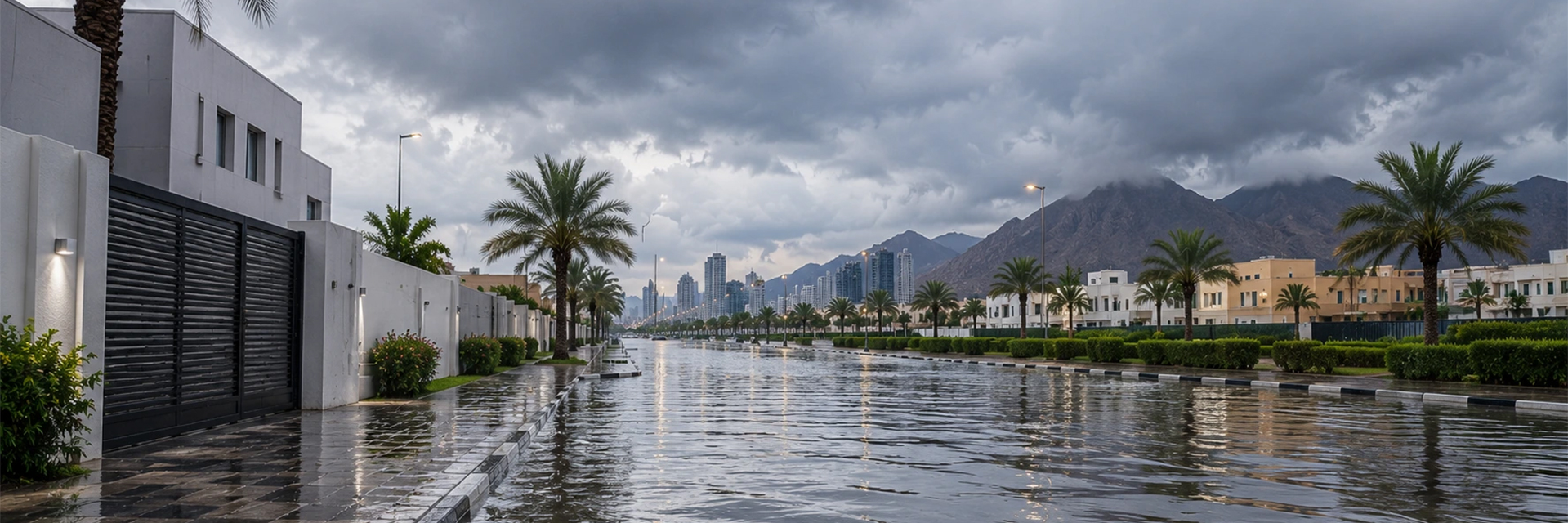 Flooded street in a modern residential community after heavy rain