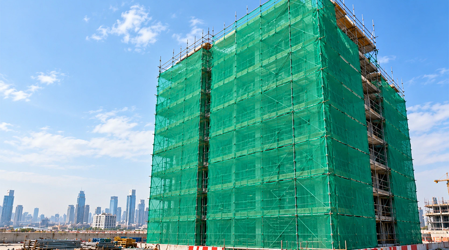 Green HDPE scaffold netting fixed to a high-rise scaffold to contain construction debris