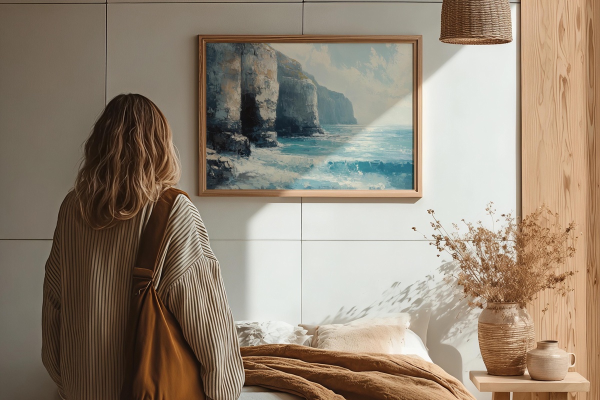 Whispering Cliffs Symphony Summer Printable Wall Art — coastal cliff scene in blue-white tones as a wall print