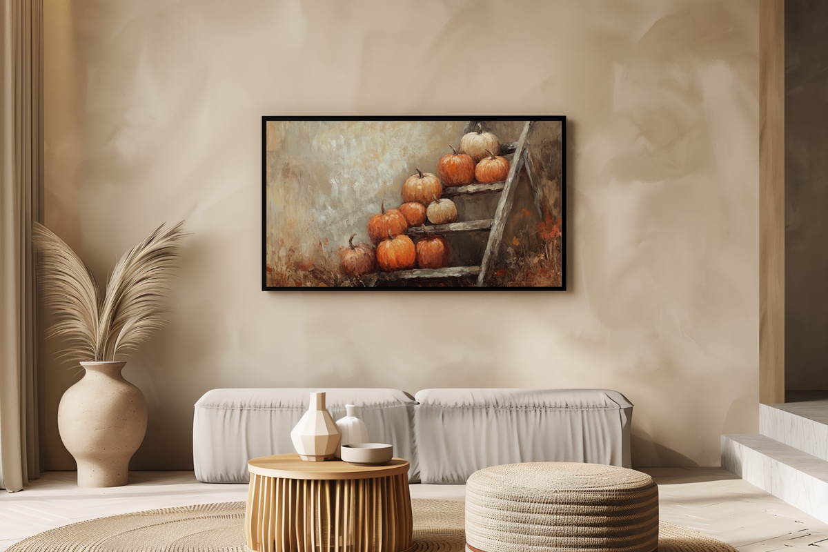 Pumpkin and Ladder Whimsy Farmhouse Frame TV Art — autumn pumpkins beside a weathered ladder