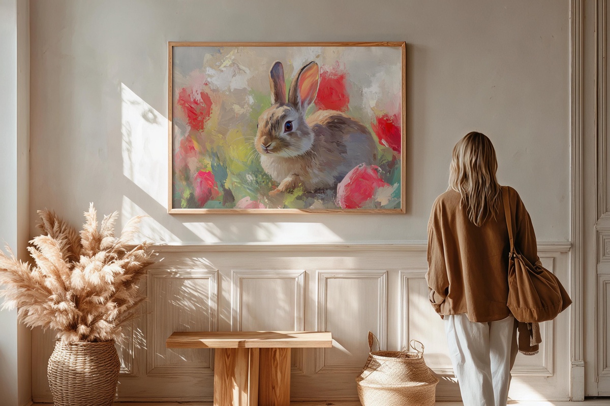 Tulip Meadow Bunny Easter printable wall art with bunny and tulips