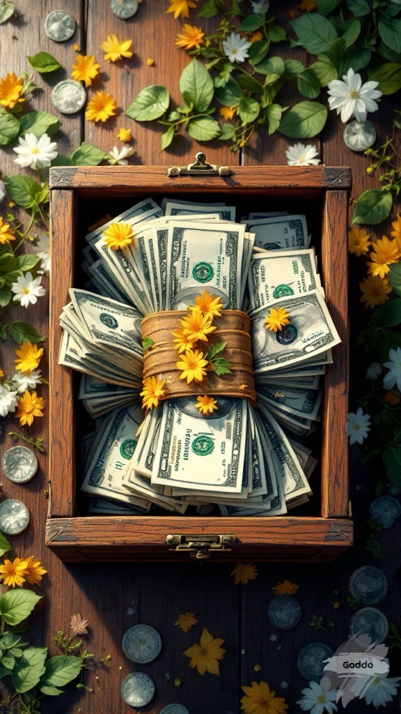 Ultra close up top angle shot of a bundle of cash kept inside a wooden box. Disney Pixar style illustration. Colorful. Clean image. High resolution oil painting. story book cover. Octane render. Crazy image.