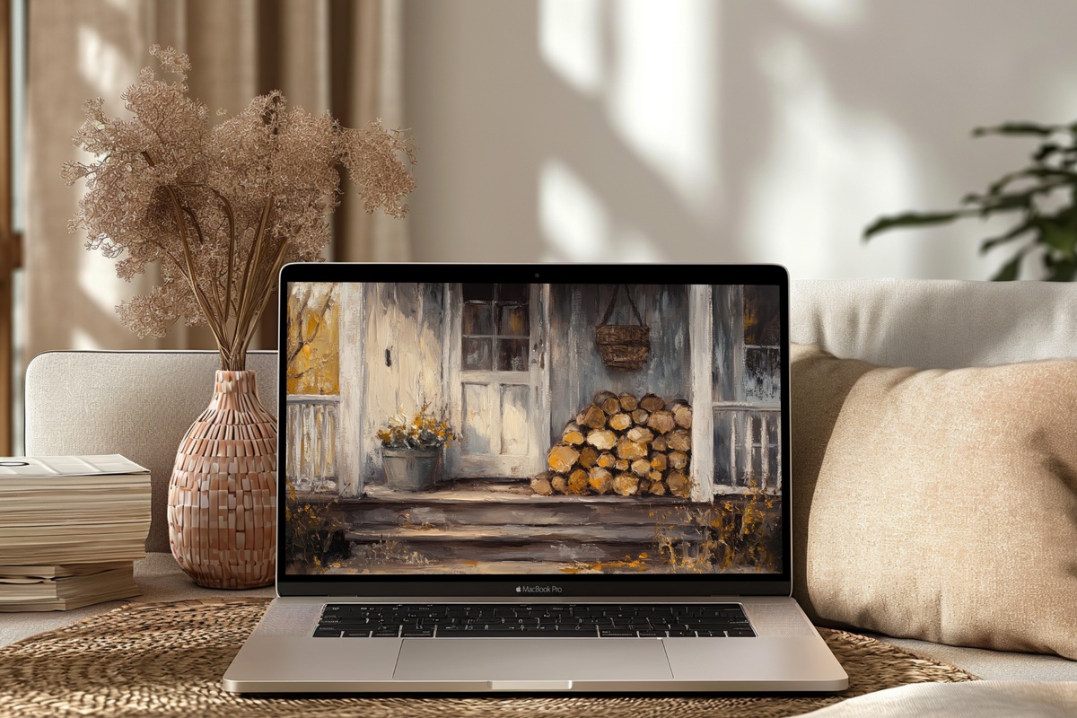 Firewood-Strewn Farmhouse Porch desktop wallpaper with stacked firewood on a rustic farmhouse porch