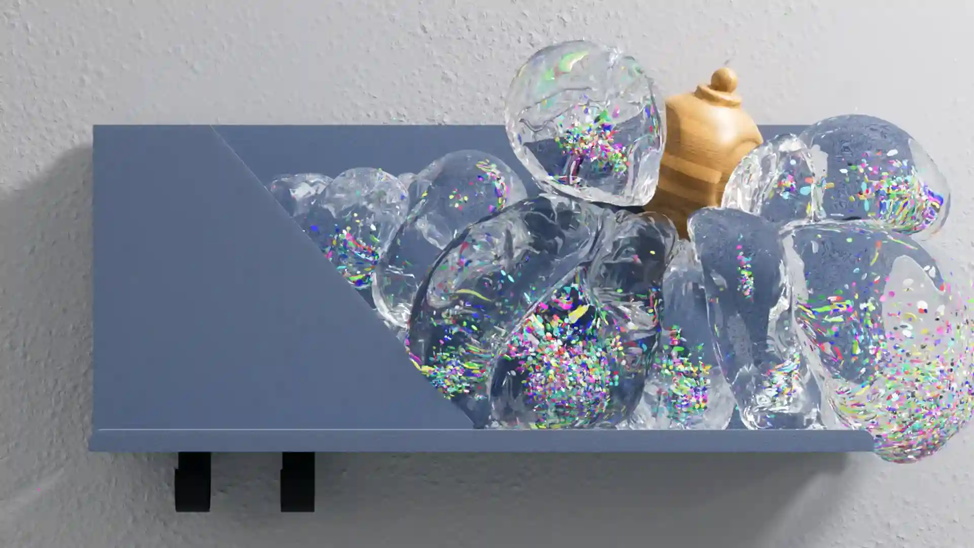 3D rendered blue shelf with iridescent glitter filled glass bubble sculptures and a small wooden decorative object mounted on a white wall
