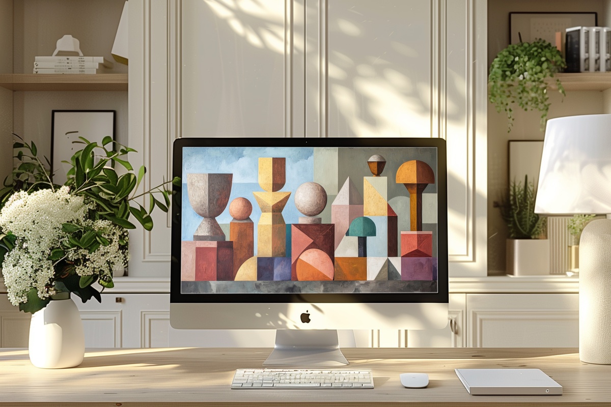 Geometric Clay Sculptures Boho Mac Wallpaper with earthenware forms