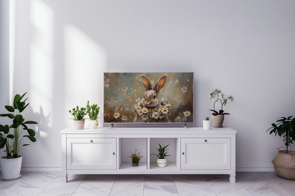 Daisy-Crowned Bunny Easter Frame TV Art — bunny with daisy wreath charming spring wall art