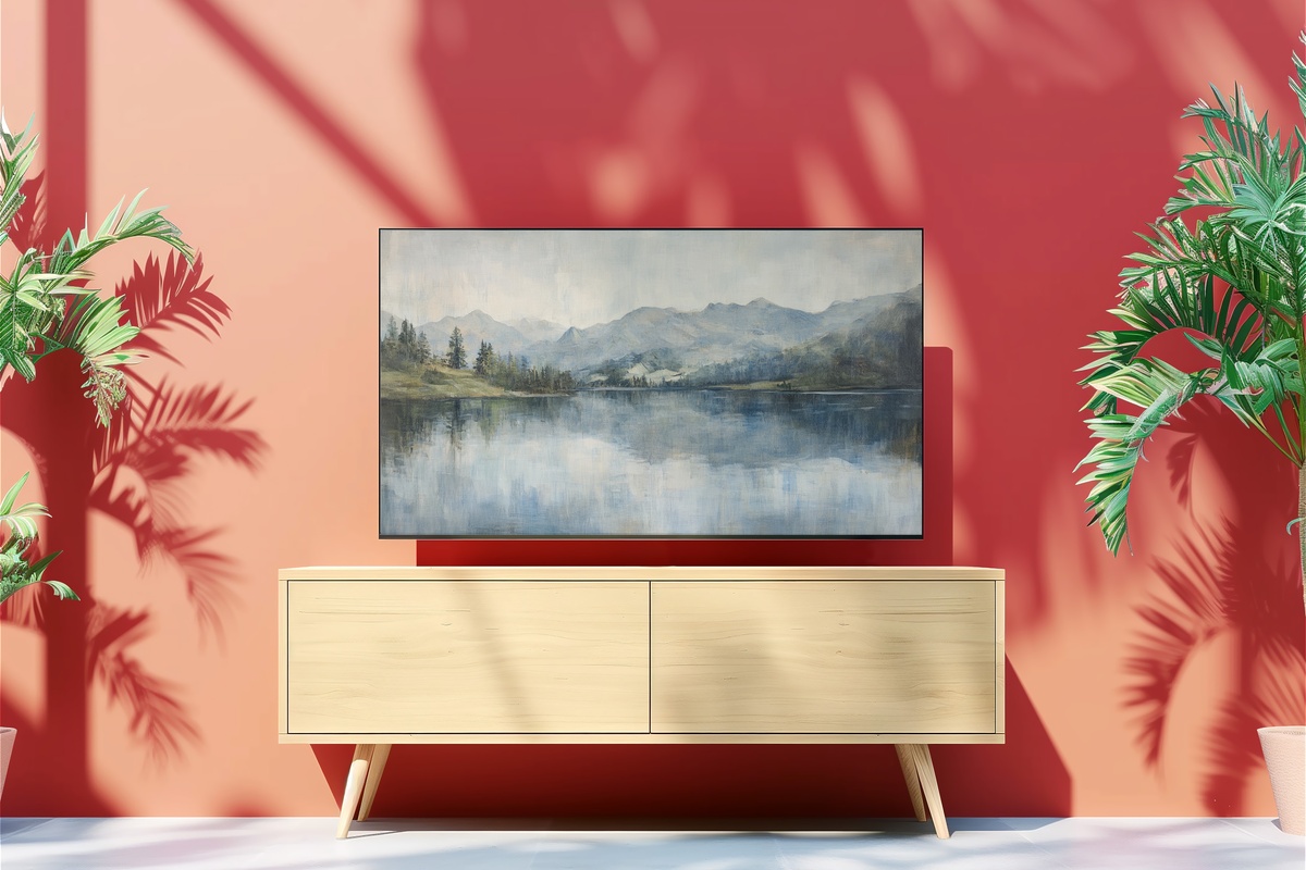 Reflective Mountain Lake Serenity Frame TV Art — impressionist mountain lake reflection
