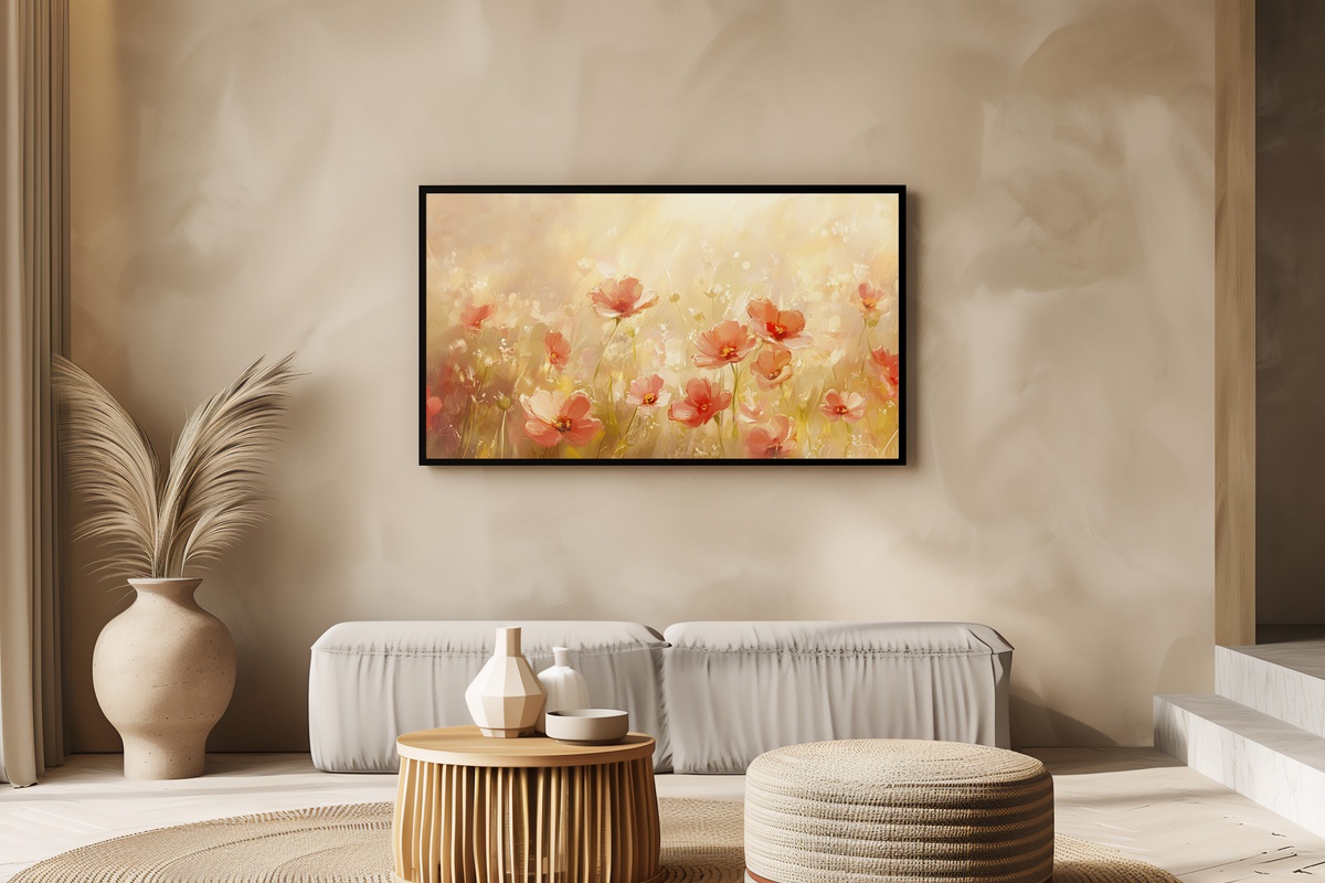 Summer's Radiant Echoes Summer Frame TV Art — warm blossoms in a golden floral composition