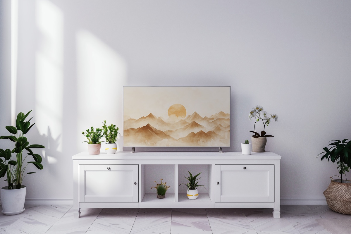 Sunrise over Serene Peaks Neutral Frame TV Art