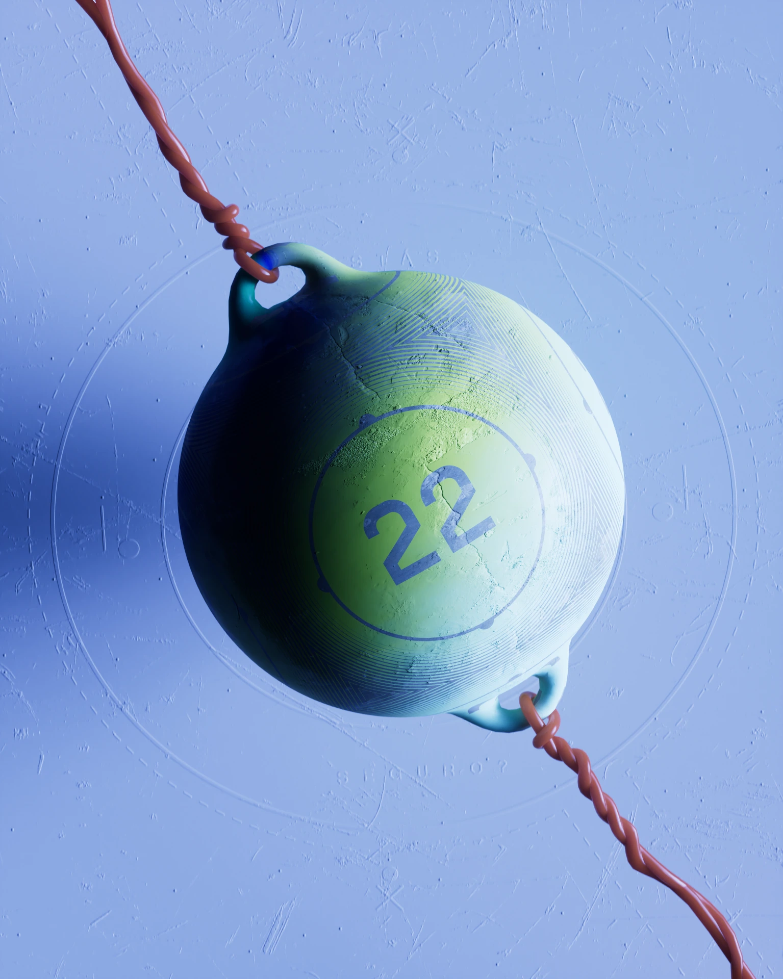 3D rendered green and teal nautical buoy marked with the number 22 suspended on a rope against a periwinkle blue textured background