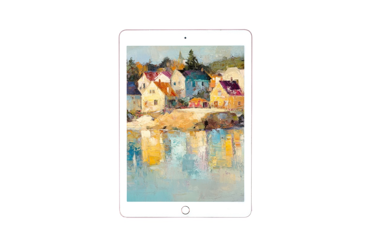 Impressionist Village Harmony coastal iPad wallpaper — sun-warmed coastal village scene in ochre and warm blues on a wide tablet canvas