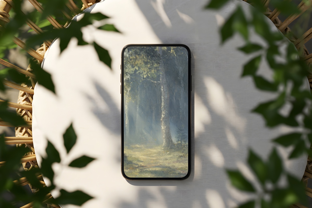 Misty Woodland Dawn Vintage iPhone Wallpaper with soft haze and forest tones