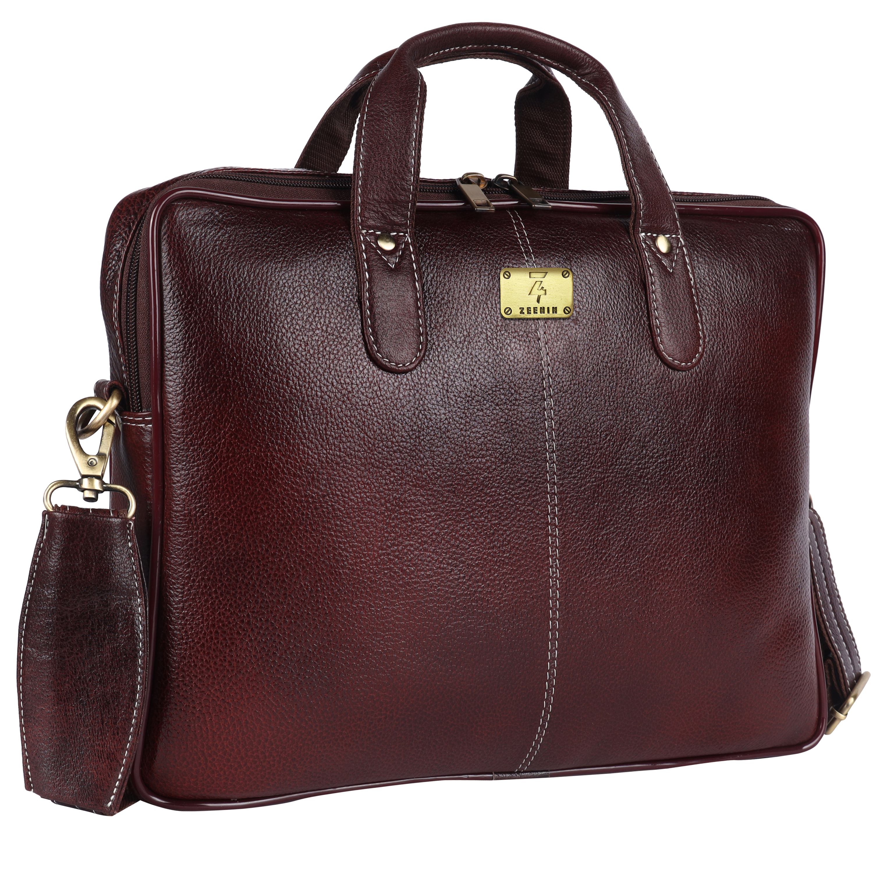 Zeenin Pure Genuine Leather 14.5 Inch Briefcase Laptop Messenger Crossbody Office Bag, Formal Look, Brown