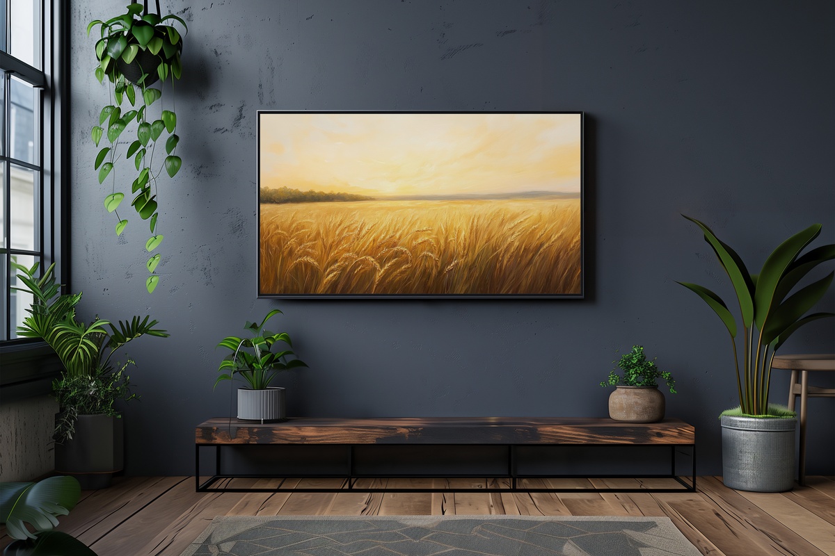 Sunset's Golden Embrace Frame TV Art — golden wheat field at sunset with warm amber tones