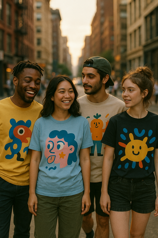 Diverse group wearing stylish funny graphic T-shirts in urban setting