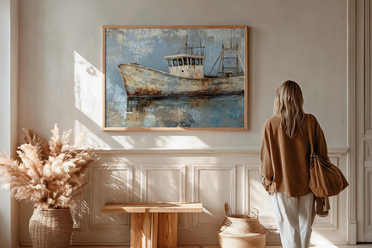 Soft Hue Fishing Serenity coastal printable wall art with a fishing boat drifting in soft hazy morning tones