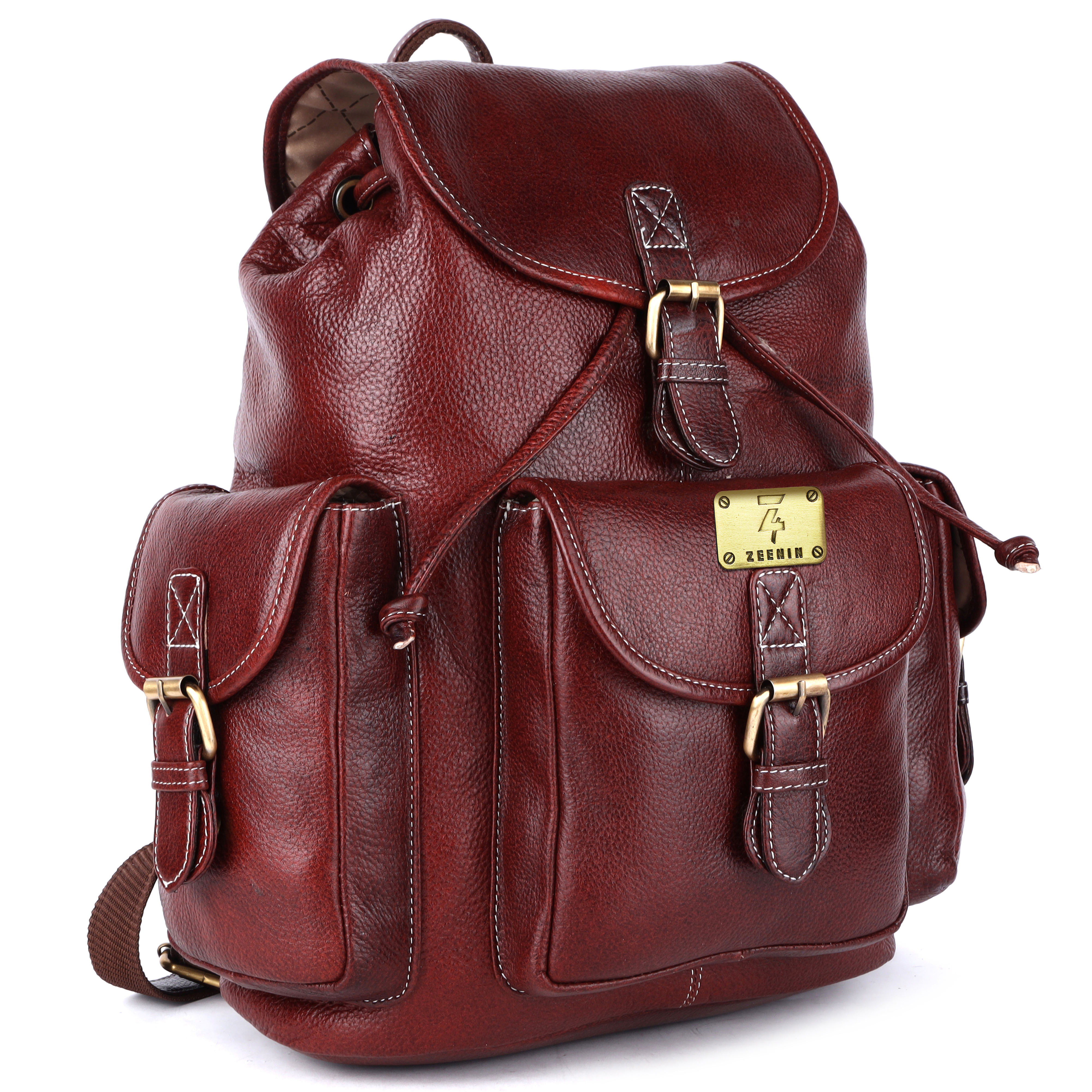 Zeenin Pure Genuine Leather Spacious 14.5 inch Backpack Daypack Rucksack Casual Office Bag |Travel Business Daily Use| Brass Buckles Flip Pockets | Brown