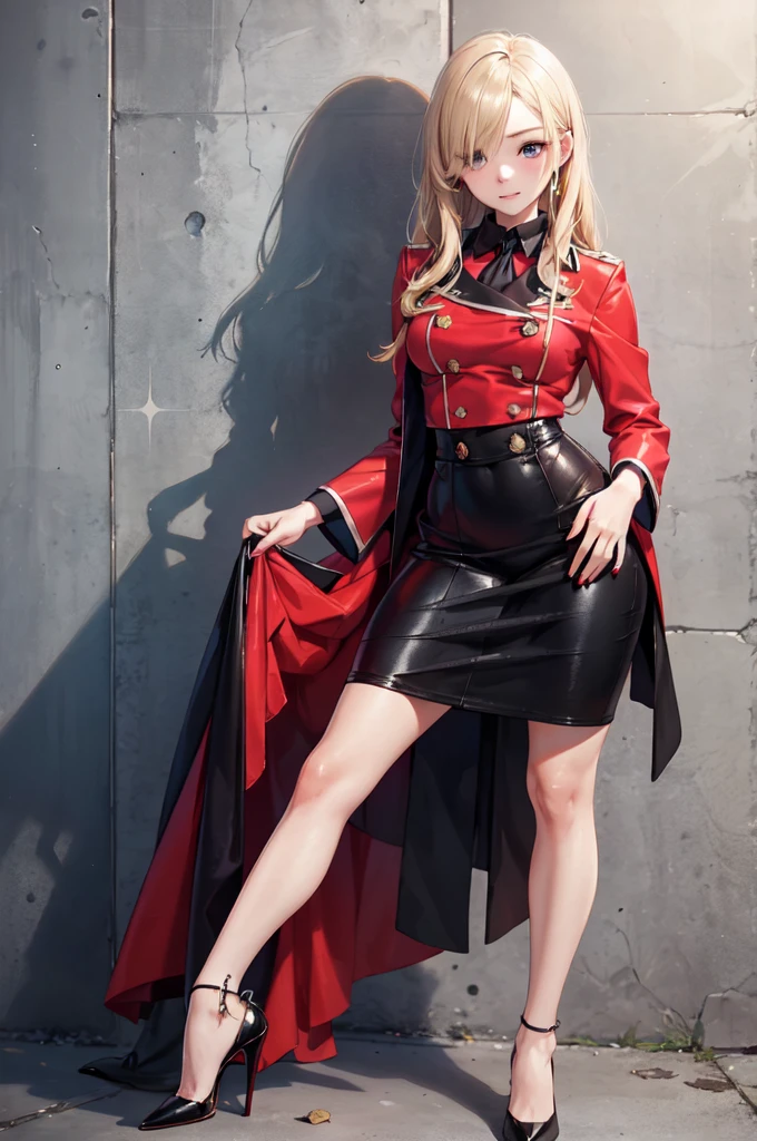 金髪タイト制服 by アスヘノキボウ with blonde, high heels, bewitching thighs, latex, leather, uniform, miniskirt, ai art, Koushuu/Sawamura