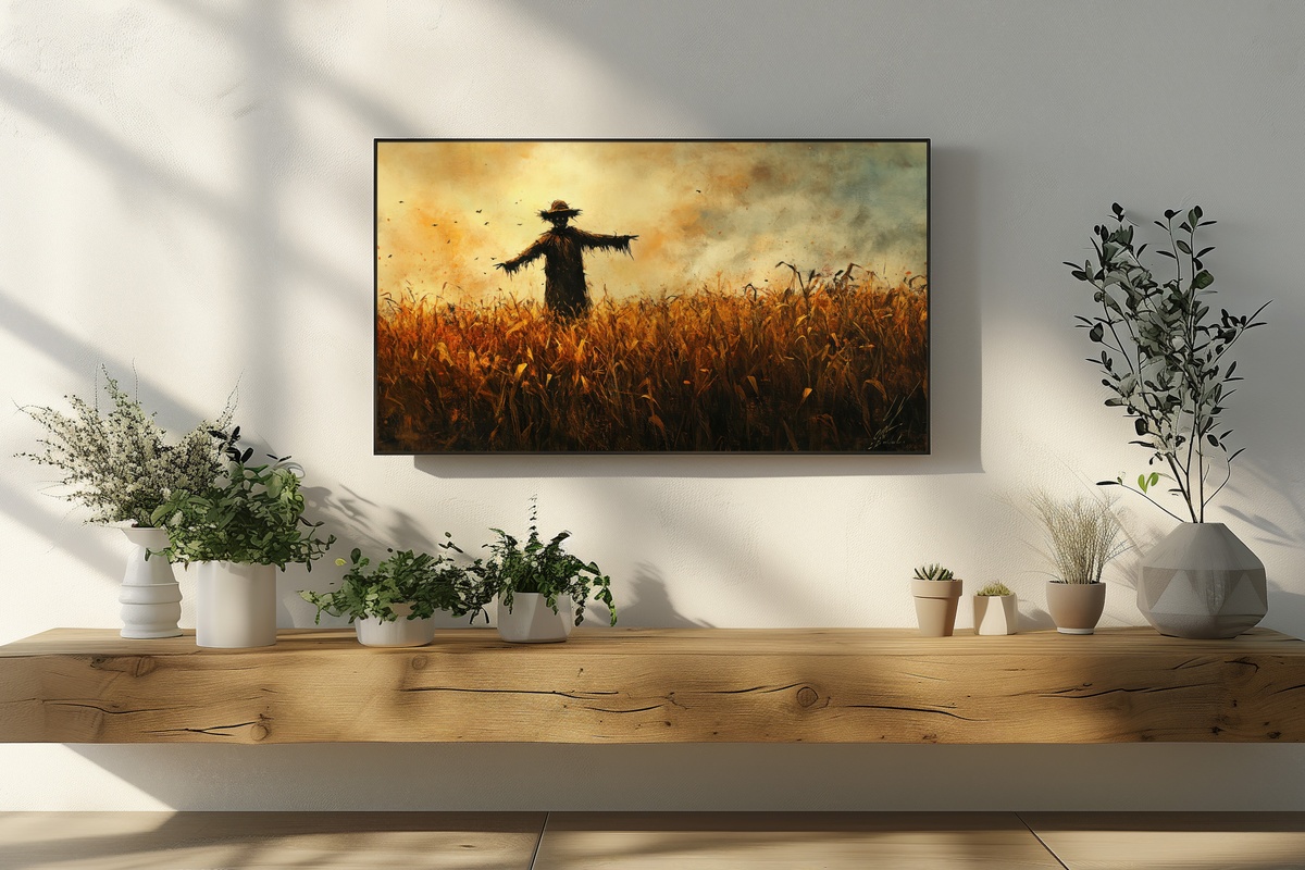 Eerie Scarecrow in Golden Field Halloween Frame TV Art