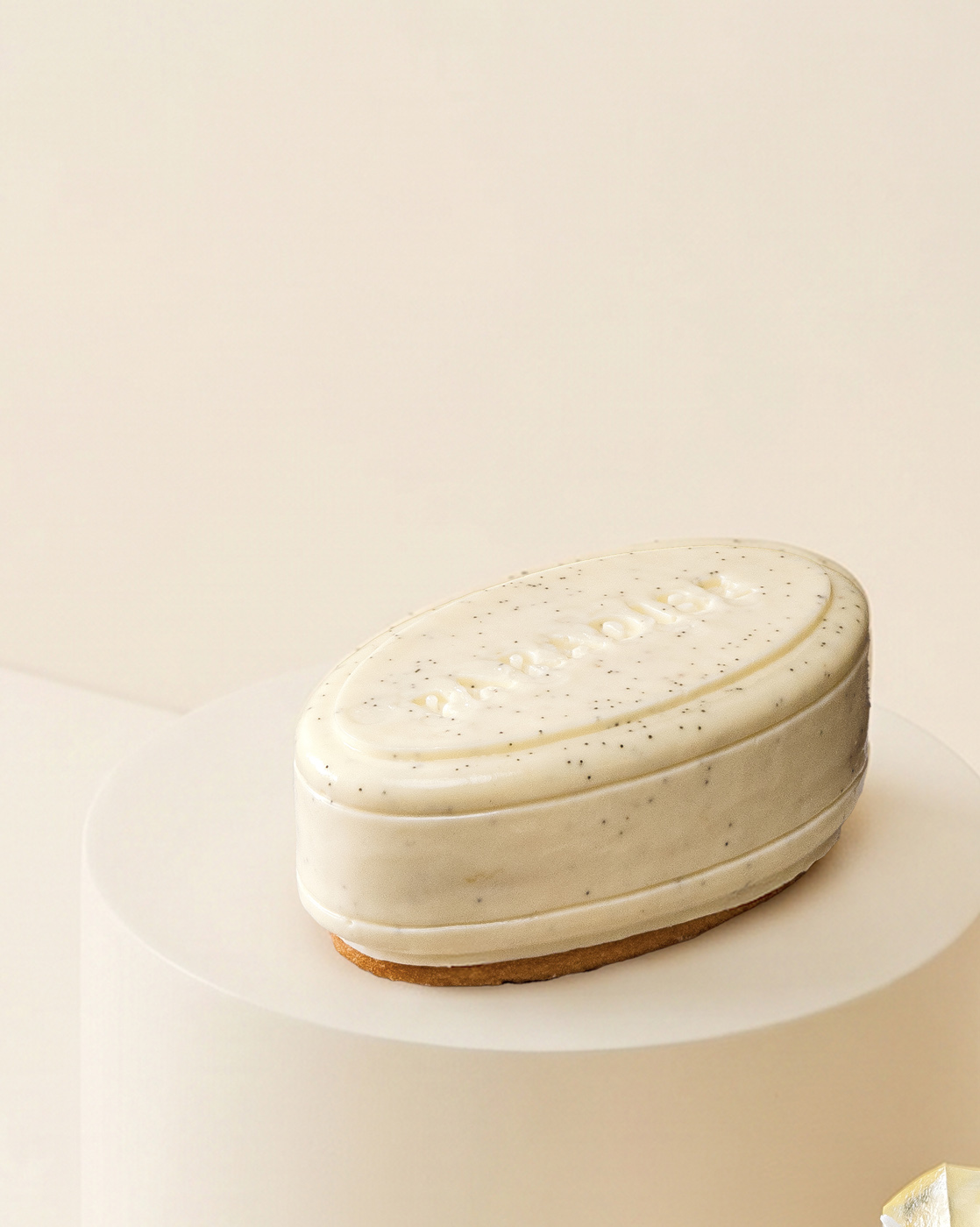 Elegant oval-shaped ice cream bar with vanilla specks, placed on a simple pedestal, featuring a smooth texture and minimalistic composition with soft lighting.