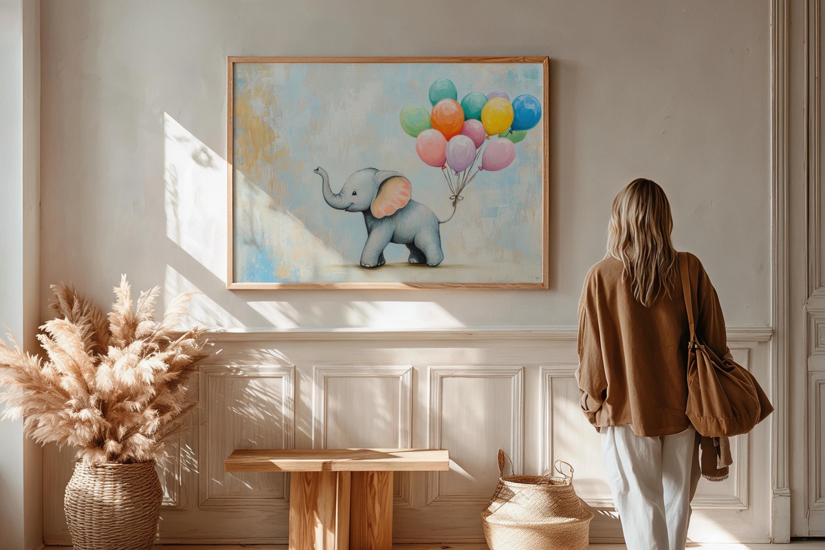 Elephant's Balloon Daydream Printable Wall Art with elephant holding colorful balloons