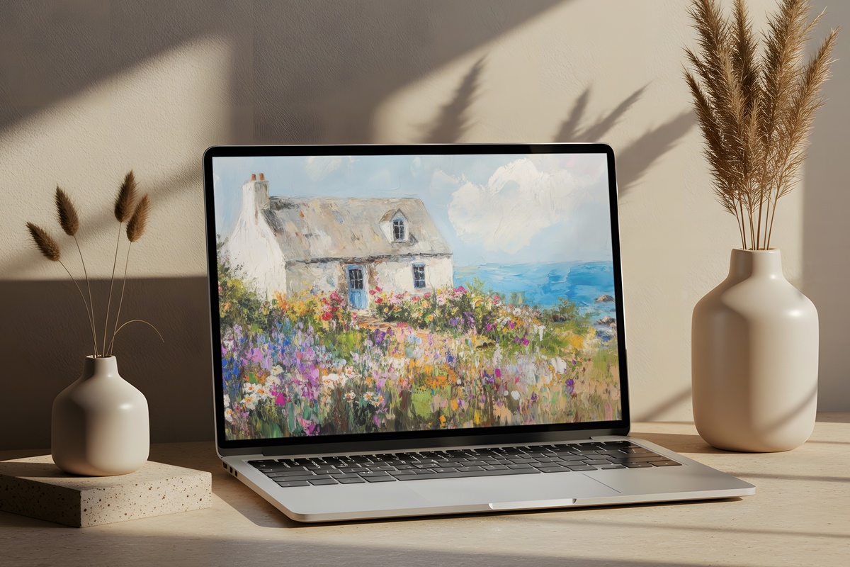 Wildflower Coastal Retreat Desktop Wallpaper — cottage nestled among coastal wildflowers