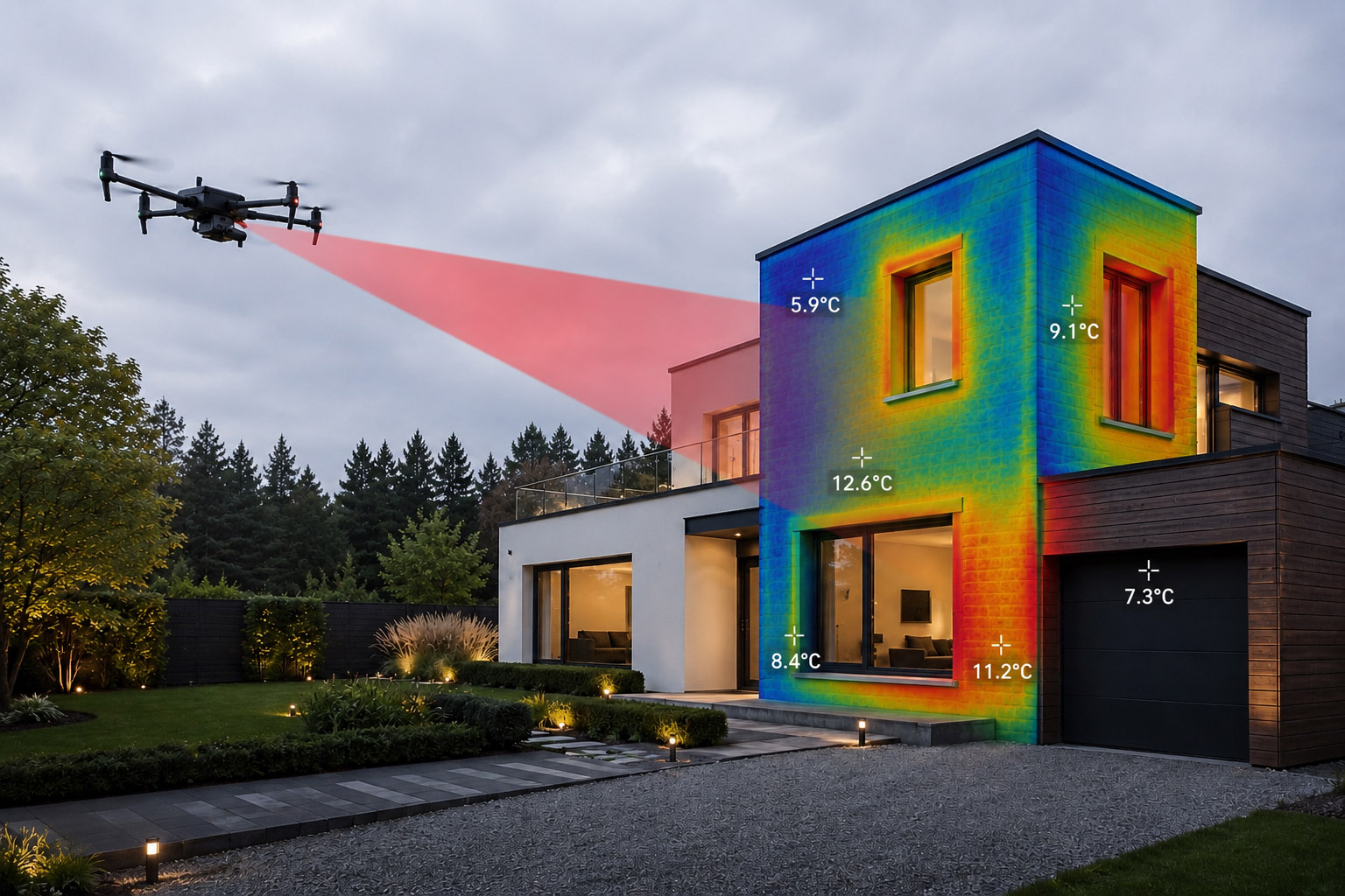 Thermogramme de façade — points chauds et déperditions