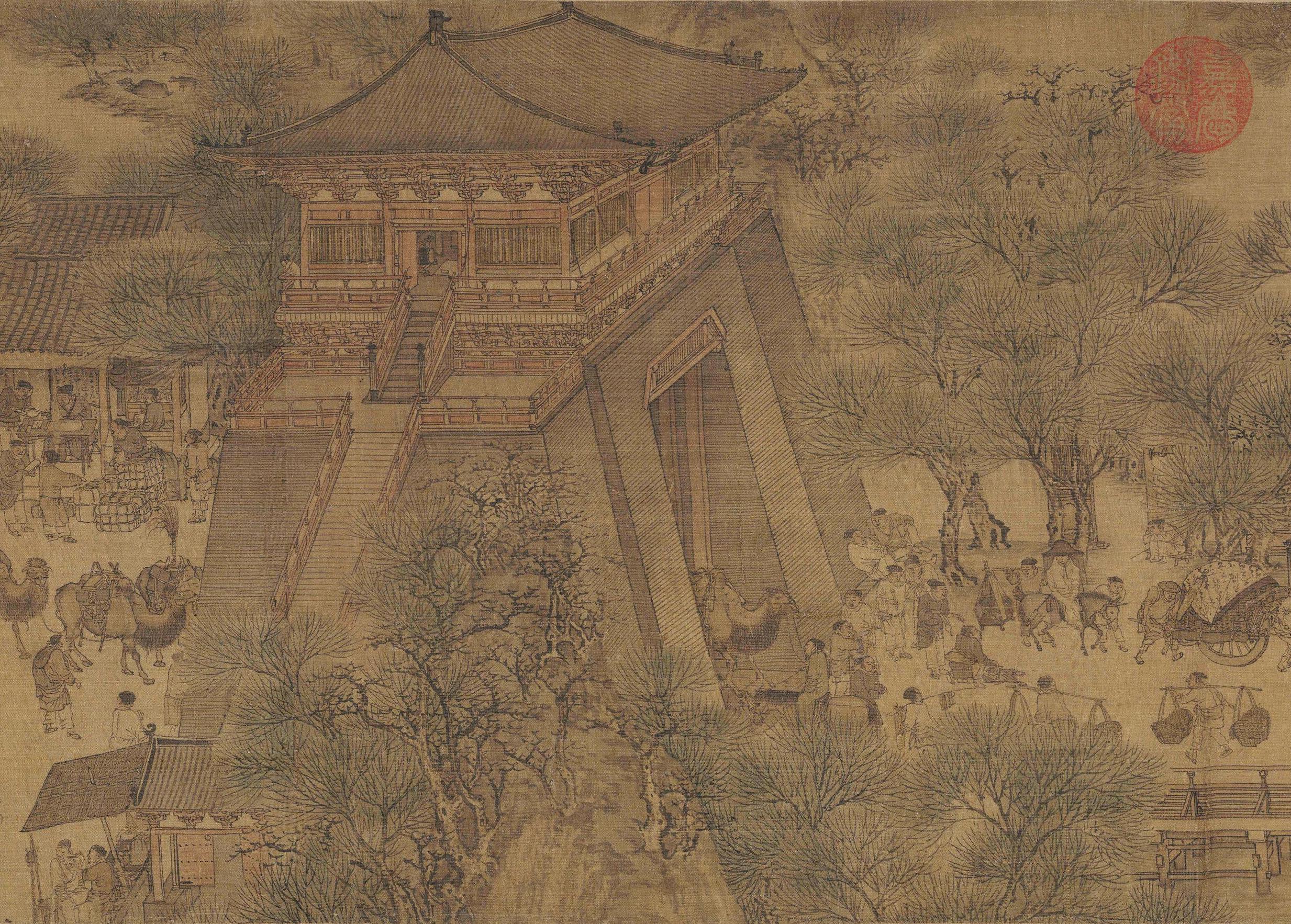 A camel train and carts pass through the timber city gate of Bianjing into the market street, a detail from the Song original scroll.