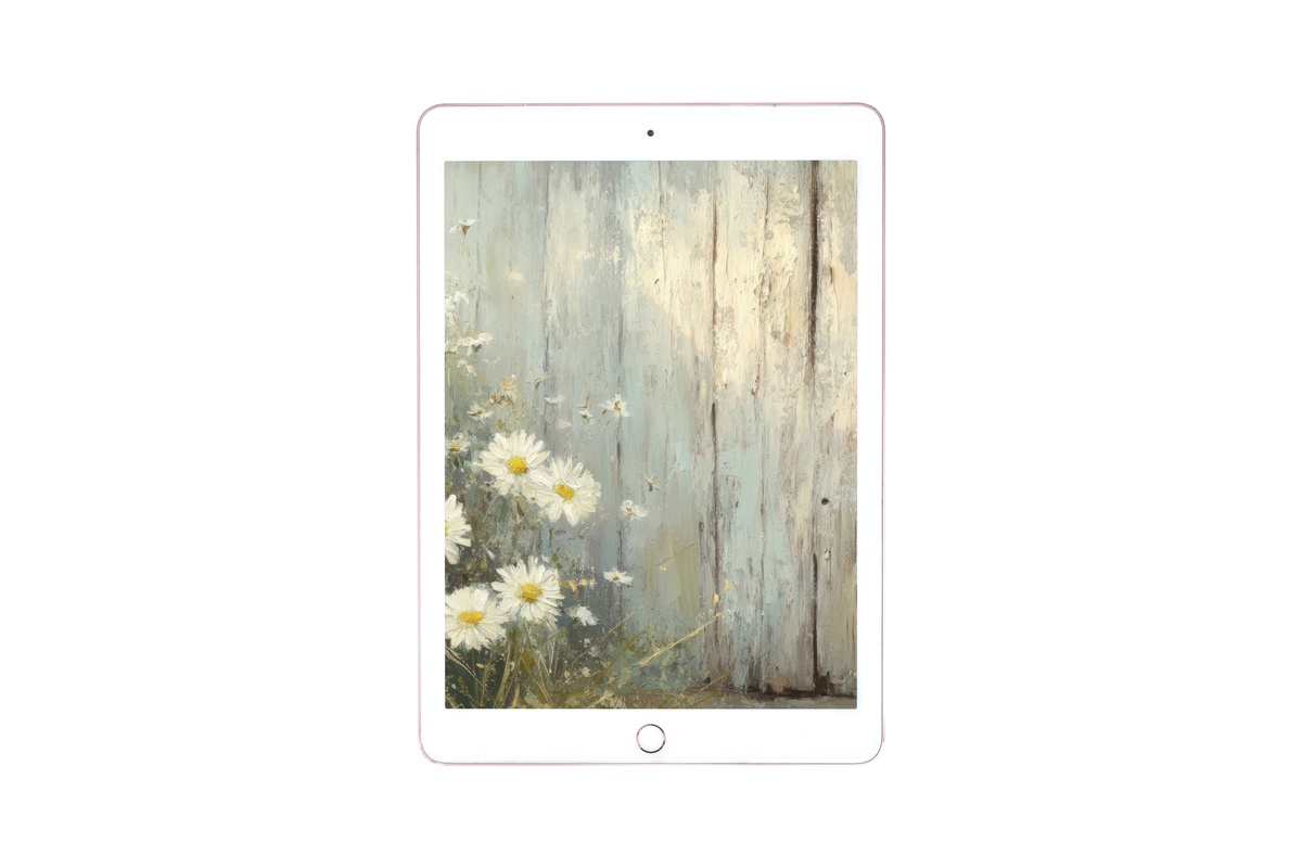 Daisy-Brightened Barn Entry Farmhouse iPad Wallpaper in soft blue and cream