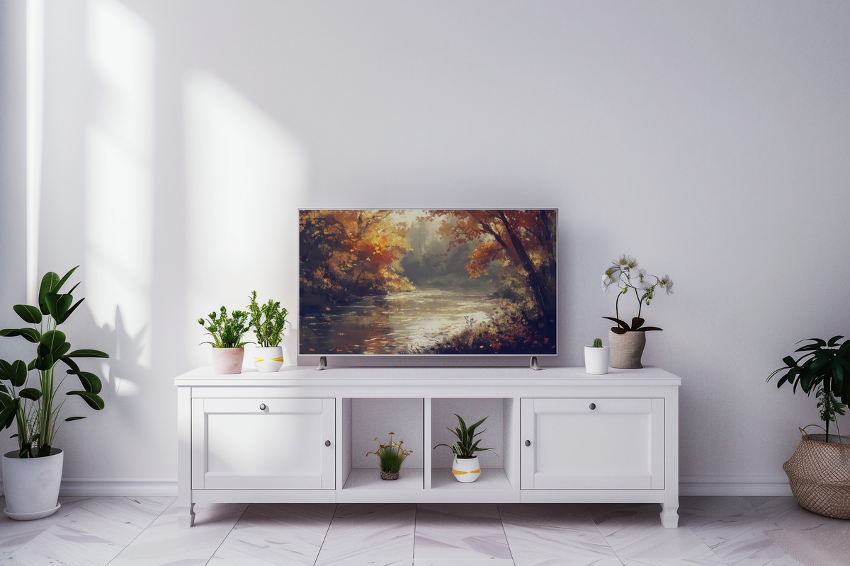 River of Autumn Serenity Frame TV Art — calm river in autumn hues
