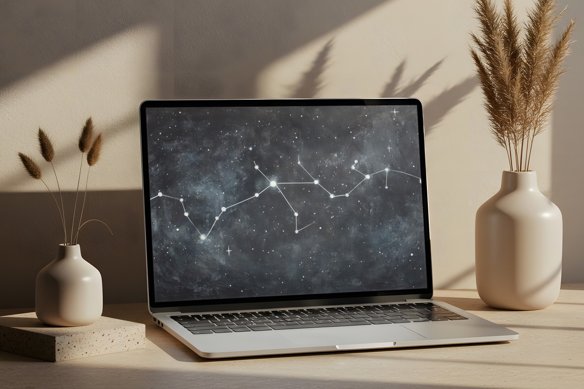 Cosmic Constellation Reverie Desktop Wallpaper with celestial star map on deep nocturnal background