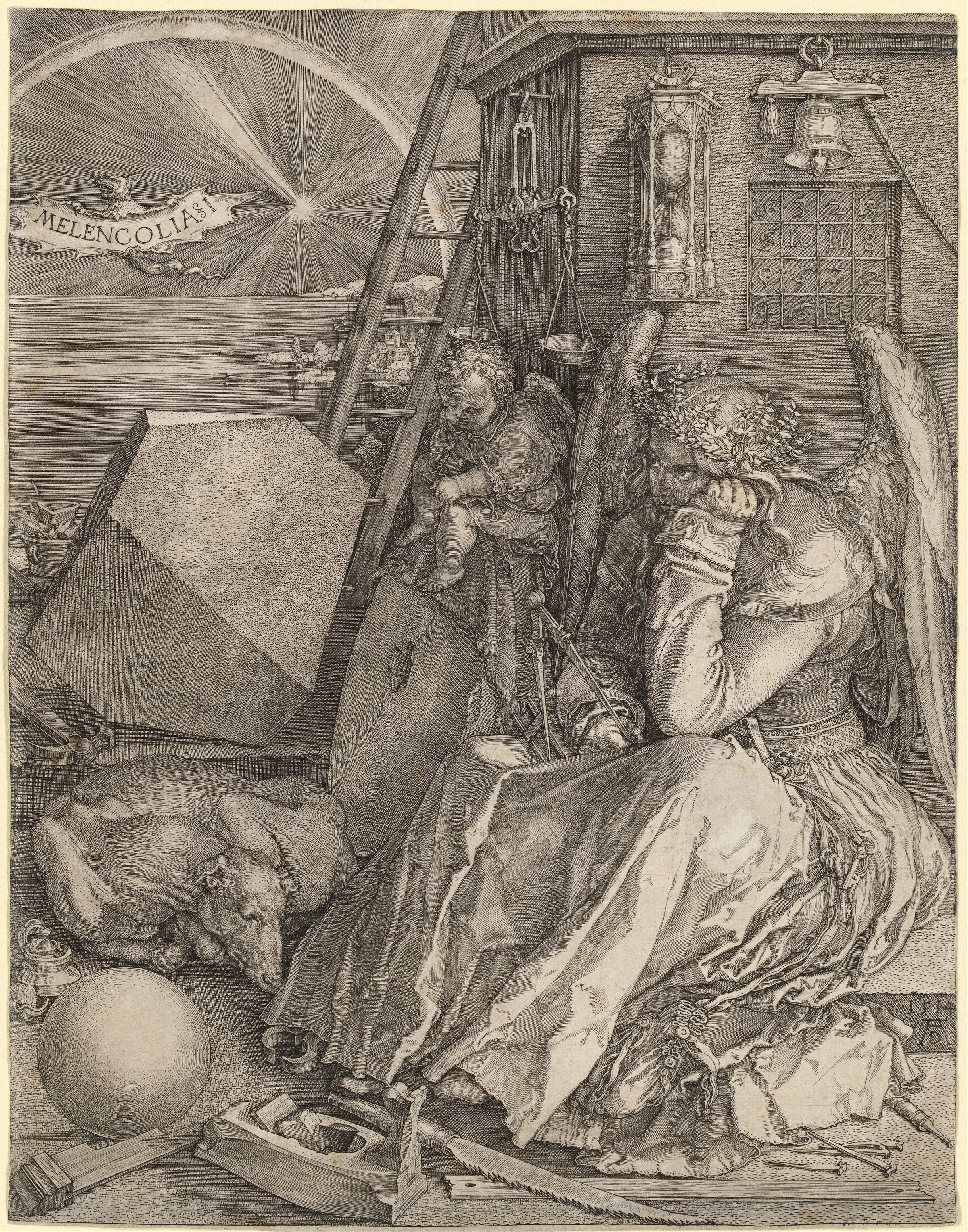 Albrecht Dürer, Melencolia I, 1514. Engraving. National Gallery of Art, Washington. The other Dürer image that has carried the most interpretive weight: a winged figure surrounded by tools of geometry, alchemy, and architecture, brooding under a comet.