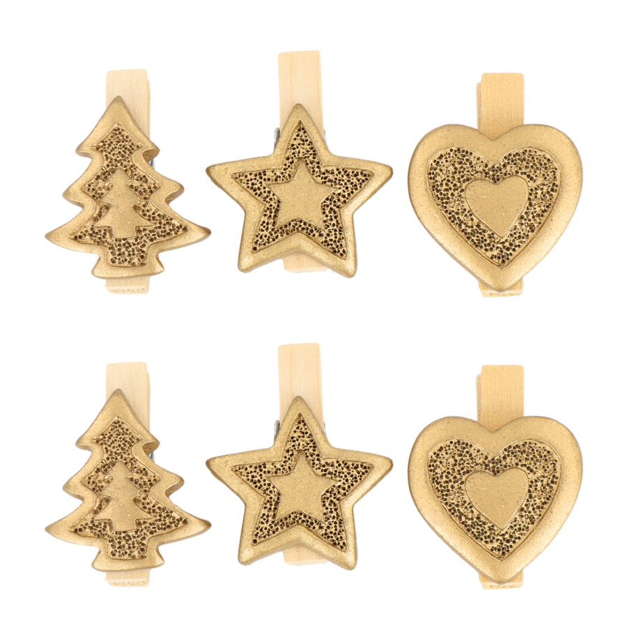 Set de 6 ganchos navideños dorado, 3.5cm, madera/cerámica