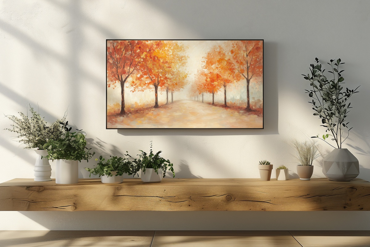 Autumn Tree Line Harmony Frame TV Art - impressionist fall tree line in gold and burnt umber