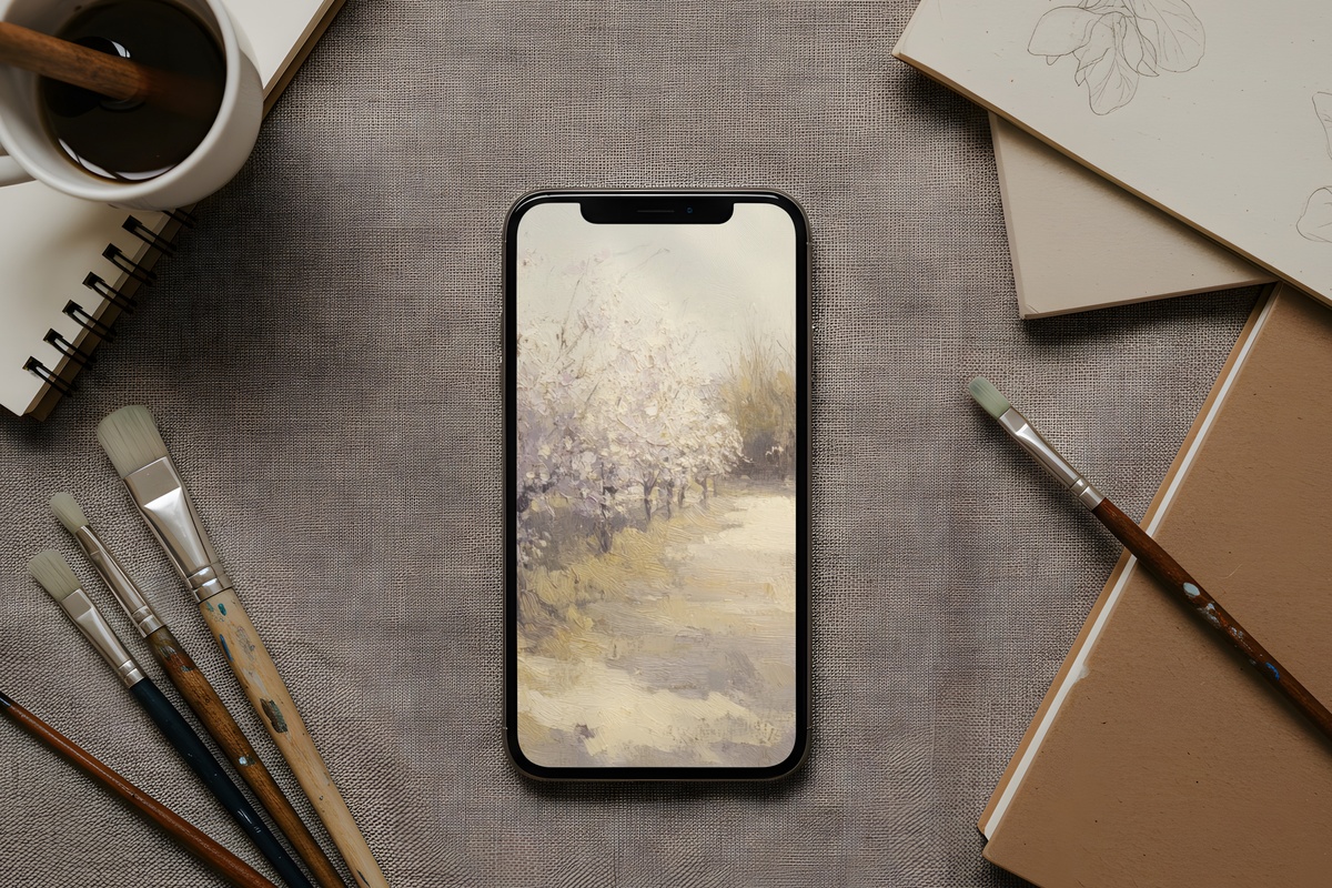 Orchard in Spring's Brush vintage iPhone wallpaper with blush and ivory tones